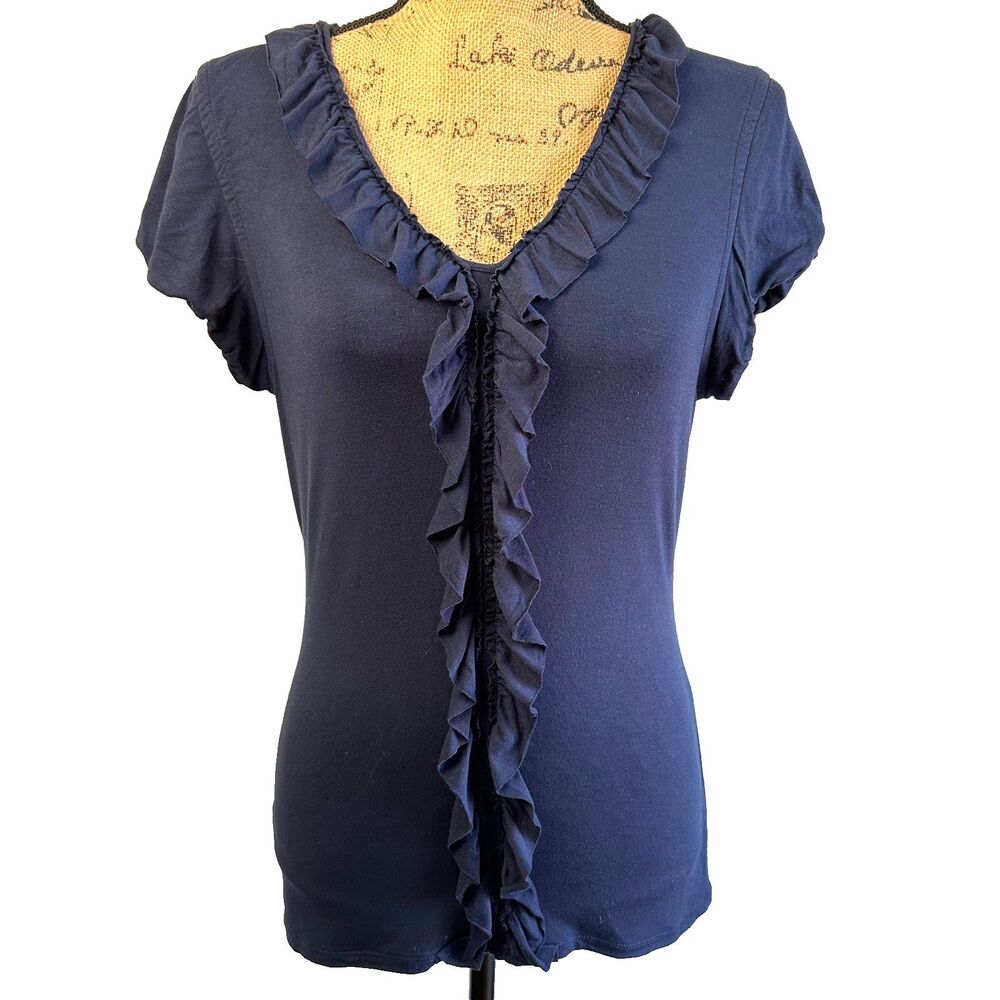 Etcetera Navy Blue Ruffle Front Stretch Jersey Cap Sleeve Top T-Shirt Size S